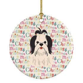 Merry Christmas Shih Tzu Black White Ceramic Ornament Christmas Tree Hanging Decorations for Home Christmas Holiday, Party, Gift, 3 in, Multicolo