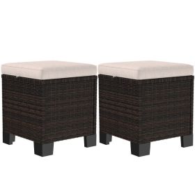 2 Piece Wicker Outdoor Ottomans With Cushions, Rattan Ottoman Footrest And Side Table For Patio, Yard, Poolside, Cream (Option: Cream)